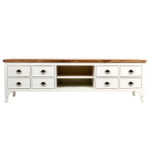 מזנון מעץ בעיצוב כפרי, עם משטח עץ בהיר ושישה drawers לאחסון, מתאים לסלון מודרני.