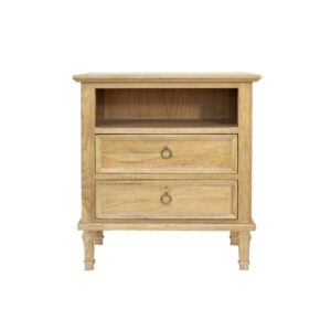 מזנון מעץ בהיר עם שני drawers ואזור פתוח במרכז, מתאים לסלון או לחדר שינה.